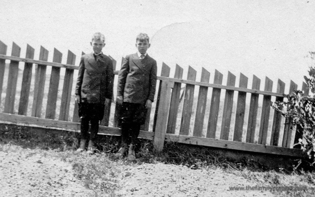 Sam Chamblin Saunders San Leon Texas April 1915 age 12. Tom Worsley Saunders age 9 years. Taken Easter Sunday by Mr. Luther Allbritton.