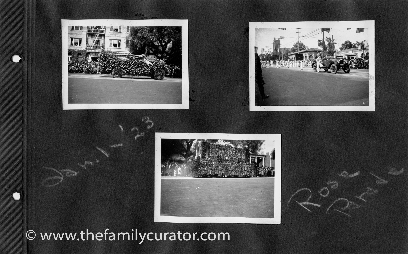 1923 photo album snapshots of the Pasadena Rose Parade.