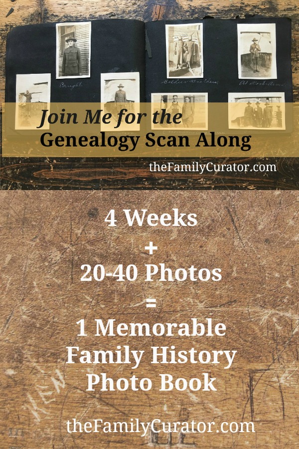 Turn a stack of old photos into a family history photo book. Join the Genealogy Scan Along at TheFamilyCurator.com