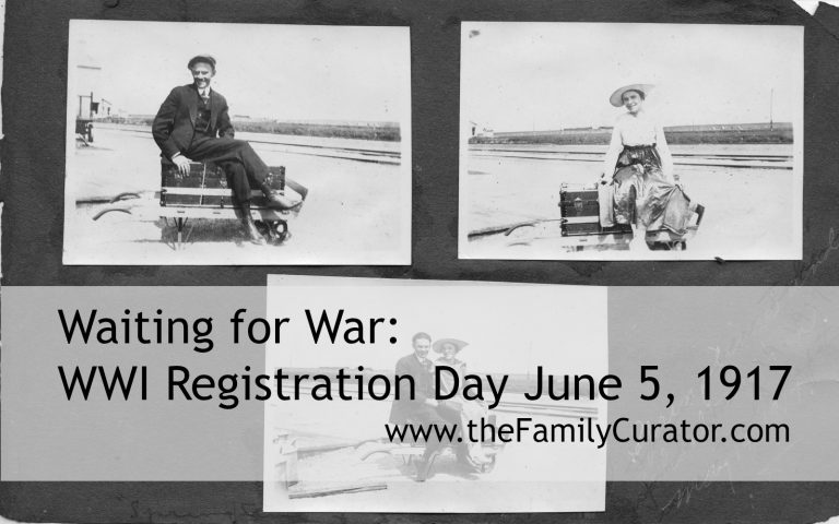 Old photos of man and woman sitting on a trunk at the train depot. 1917.